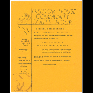 Flier advertising Freedom House Coffee Hour featuring the Reverend Kenneth Murphy, founder of the anti-suicide organization RESCUE, INC.