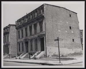 Exterior view of row houses, 70-74 Westminster Street, corner Williams Street, Roxbury, Mass., ca. 1957
