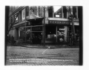 Corner Essex and Washington Sts. showing where window was blown out by extremely high wind, 626 Washington Street, March 20, 1907