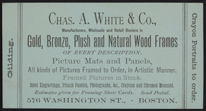 Trade card for Chas. A. White & Co., manufacturers, wholesale and retail dealers in gold, bronze, plush and natural wood frames, 576 Washington Street, Boston, Mass., undated