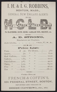 Price list for Hydro Carbon Leather Dressing for harnesses, boots, shoes, carriage tops, belting, A.D. Strong, manufacturer and proprietor, Ashtabula, Ohio, undated