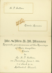 Wedding invitation for the marriage of Lizzie Munson and H.P. Sutton, location unknown, June 3, 1886