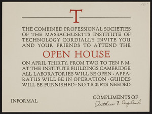 Invitation to an open house, Massachusetts Institute of Technology, Cambridge, Mass., dated April 18, 1927