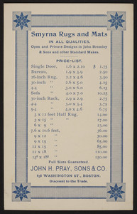 Smyrna Rugs and Mats in all qualities, John H. Pray, Sons & Co., 658 Washington Street, Boston, Mass., undated