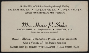 Trade card for Mrs. Hector P. Stokes, dressmaking, School Street, Suncook, New Hampshire, undated