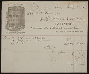 Billhead for Freeman, Carey & Co., tailors and dealers in fine clothing and furnishing goods, Nos. 155 & 157 Washington Street, Boston, Mass., dated July 1, 1874