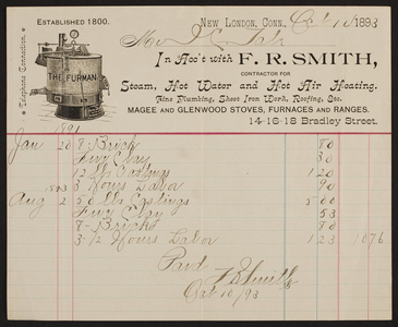Billhead for F.R. Smith, steam, hot water and hot air heating, 14-16-18 Bradley Street, New London, Connecticut, dated October 10, 1893