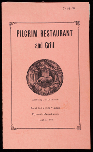 Pilgrim Restaurant and Grill, menu, Plymouth, Mass.