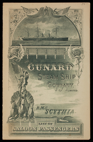 List of saloon passengers, R.M.S. Scythia, Boston to Liverpool, July 21st, 1887, Cunard Steam Ship Company, Ltd.