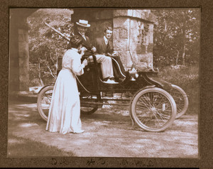 "A.H.B., C.H., and Irene Curtis" with car, Manchester, Mass.