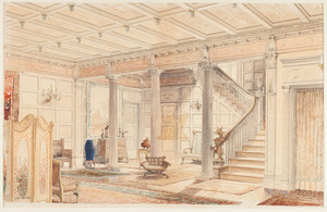 Watercolor rendering of the main hall of the Caldwell House, Kay St., Newport, Rhode Island