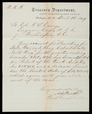[Albert] G. Porter to Thomas Lincoln Casey, April 11, 1879