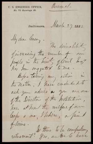 [William P. Craighill] to Thomas Lincoln Casey, March 27, 1882