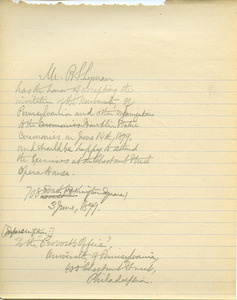 Letter from Benjamin Smith Lyman to Provosts Office, University of Pennsylvania