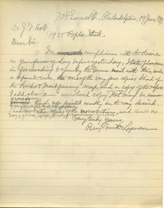 Letter from Benjamin Smith Lyman to J. F. Holt