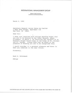 Letter from Mark H. McCormack to Javier Perez de Cueller