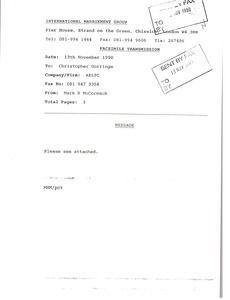 Fax from Mark H. McCormack to Christopher Gorringe