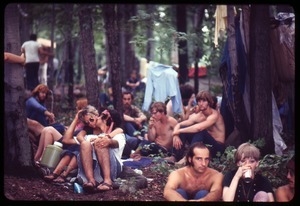 Concert goers camped in the woods, Woodstock Festival