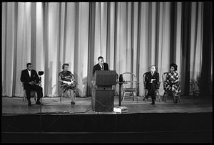 Martin Luther King, Jr., speaking on stage at the Youth, Non-Violence, and Social Change conference, Howard University