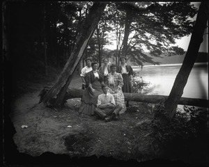 Campers posed lakeside, Lake Pleasant
