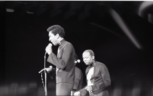 Richard Nader's Rock and Roll Revival concert at the Springfield Civic Center: the Drifters: Grant Kitchings with Johnny Moore in background