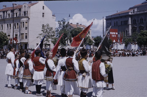 Schoolchildren in folk dress at national celebration in Skopje