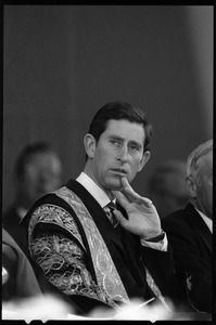 Prince Charles in academic robes at the 350th anniversary celebration of Harvard University