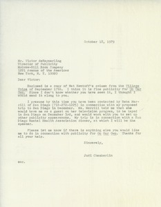 Letter from Judi Chamberlin to Victor de Keyserling