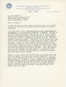 Letter from Mildred Lehman to Judi Chamberlin