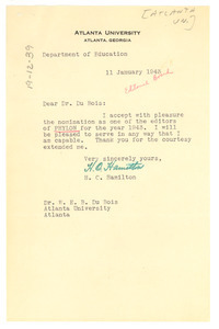 Letter from H. C. Hamilton to W. E. B. Du Bois