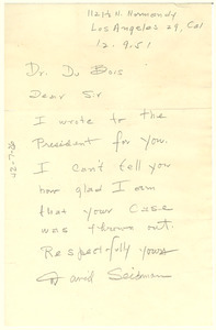 Letter from David Seidman to W. E. B. Du Bois