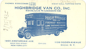 Advertising card from Highbridge Van Co.