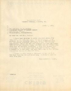 Letter from W. E. B. Du Bois to Dr. and Mrs. R. W. Bailey