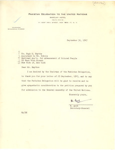 Letter from Pakistan United Nations Delegation to W. E. B. Du Bois