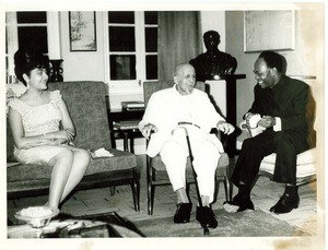 W. E. B. Du Bois on his 95th birthday with President Kwame Nkrumah and Madame Nkrumah