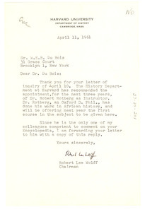 Letter from Harvard University Dept. of History to W. E. B. Du Bois