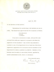 Circular letter from National Institute of Arts and Letters to W. E. B. Du Bois