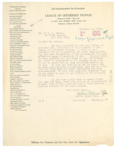 Letter from League of Oppressed Peoples to W. E. B. Du Bois