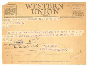 Telegram from Ebony Magazine to W. E. B. Du Bois