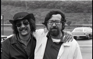 Lennie Sogoloff (r) with unidentified man outside the closing Lennie's on the Turnpike