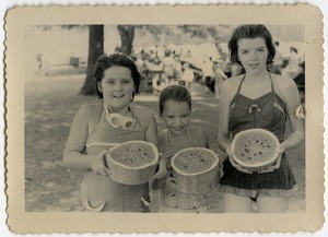 Three girls with watermelons, Rodney Hunt Company outing, Pine Beach
