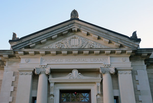 Griswold Memorial Library: detail of pediment above front entrance
