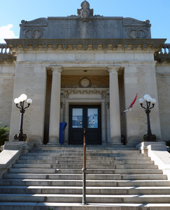 Wheeler Memorial Library, Orange, Mass.: close-up of front steps and entrance