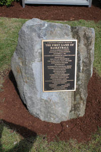 Marker/dedication stone for Monument to the First Game of Basketball on Mason Square, 2011