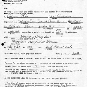 Form to request a paid fire detail from the Boston Fire Department, filled out by Carmen Pola