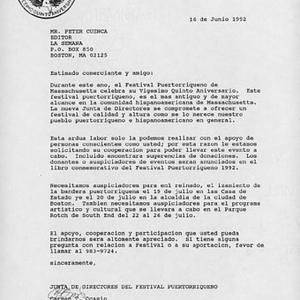 Letter from Carmen Ocasio to Peter Cuenca, editor of La Semana, requesting donations for Festival Puertorriqueño 1992