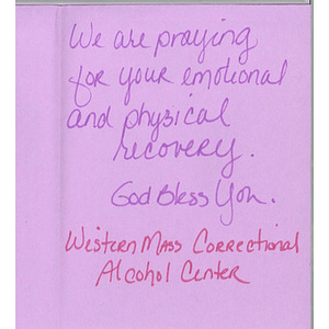 Card from a woman at the Western Massachusetts Correctional Alcohol Center