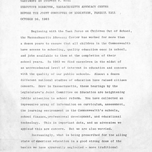 Testimony by Stephen R. Bing, excutive director, Massachusetts Advocacy Center, before the Joint Committee on Education, Faneuil Hall, October 26, 1983