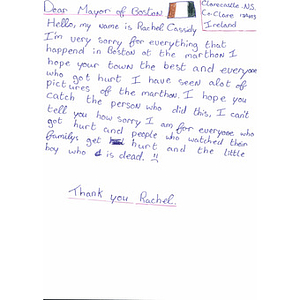 Handwritten Letter of Sympathy to the City of Boston from a 6th Grade Student at Clarecastle National School, Ireland