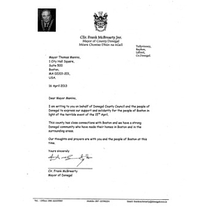 Letter to the city of Boston from the Mayor of Donegal, Ireland